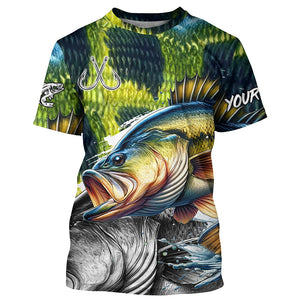 Largemouth Bass Fishing green scales custom UV protection long sleeves fishing shirts for Men, Women NQS7881