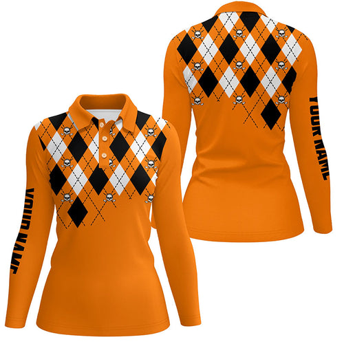 Womens golf polo shirt orange argyle plaid golf skull pattern custom ladies Halloween golf tops NQS6196