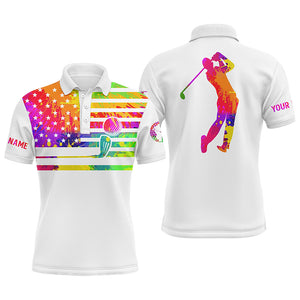 Mens golf polo shirt watercolor American flag custom name white golf shirt NQS3965