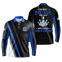 Load image into Gallery viewer, Blue &amp; black Mens bowling shirts Custom you won&#39;t believe what I can do with 2 fingers and a thumb NQS8523