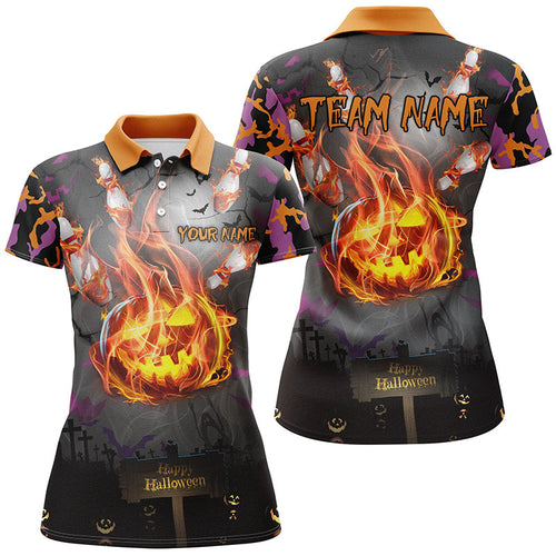 Funny Flame pumpkin Women bowling Polo, Quarter Zip shirts Custom Halloween camo Bowling Team Jerseys NQS8530