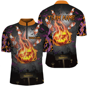 Funny Flame pumpkin Men bowling Polo, Quarter Zip shirts Custom Halloween camo Bowling Team Jerseys NQS8530