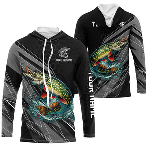 Personalized Black camo Northern Pike Fishing Jerseys, Pike Long Sleeve Fishing Tournament Shirts NQS8772