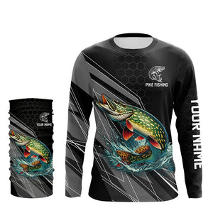 Personalized Black camo Northern Pike Fishing Jerseys, Pike Long Sleeve Fishing Tournament Shirts NQS8772