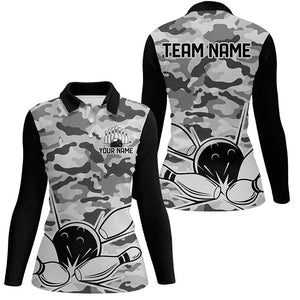 Black Camo Bowling Polo, 1/4 Zip Shirts For Women Custom Bowling Team League Jerseys, Gift For Bowlers NQS8775