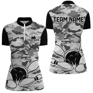 Black Camo Bowling Polo, 1/4 Zip Shirts For Women Custom Bowling Team League Jerseys, Gift For Bowlers NQS8775