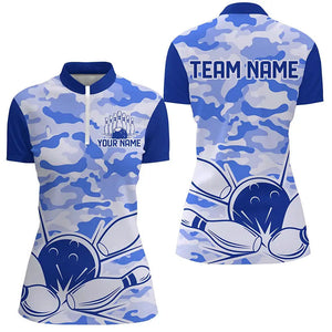 Blue Camo Bowling Polo, 1/4 Zip Shirts For Women Custom Bowling Team League Jerseys, Gift For Bowlers NQS8776