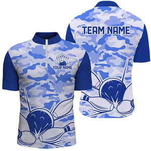 Blue Camo Bowling Polo, 1/4 Zip Shirts For Men Custom Bowling Team League Jerseys, Gift For Bowlers NQS8776