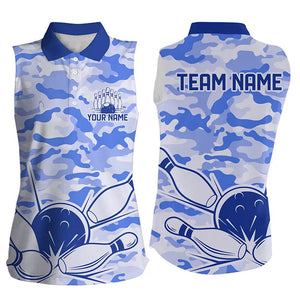 Blue Camo Bowling Sleeveless Polo Shirts For Women Custom Bowling Team League Jersey, Gift For Bowler NQS8776