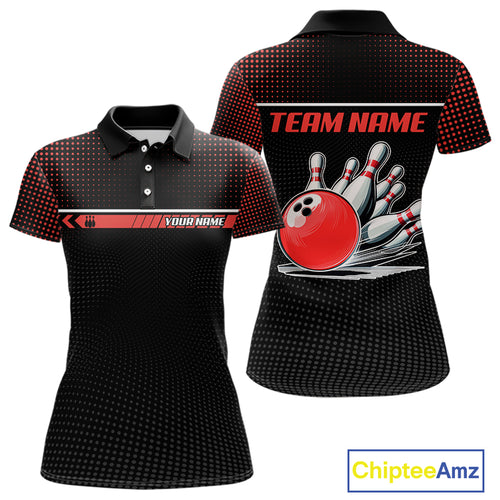 Personalized Black and Red Bowling Polo, 1/4 Zip Shirts For Women Custom Team Bowling Jerseys NQS11101