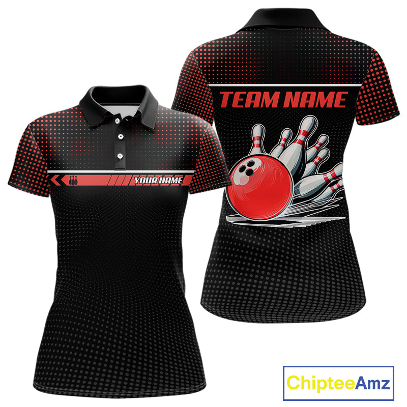 Personalized Black and Red Bowling Polo, 1/4 Zip Shirts For Women Custom Team Bowling Jerseys NQS11101