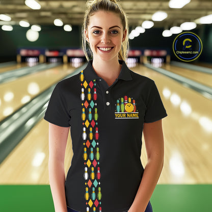 Personalized Black and Colorful Retro Bowling Polo, 1/4 Zip Team Shirt For Women Custom Bowling Gifts NQS11106