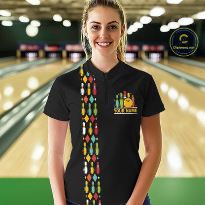 Personalized Black and Colorful Retro Bowling Polo, 1/4 Zip Team Shirt For Women Custom Bowling Gifts NQS11106