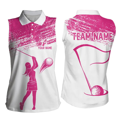 Pink and White Women Sleeveless Polo Shirt custom ladies golf attire, best golf gifts for women NQS9245