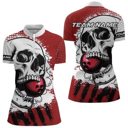 Personalized Skull Bowling Polo, Quarter Zip Shirts For Women Custom Team Bowling League Jerseys | Red NQS9246