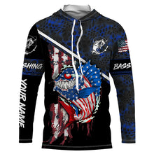 Load image into Gallery viewer, American Flag funny angry Bass fishing blue camo Custom Name Fishing Shirts NQS2995