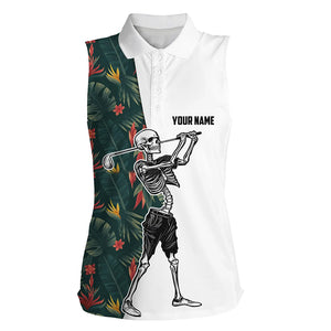 Funny Skull womens sleeveless golf polo shirt tropical flower pattern Skull playing golf apparel NQS4772