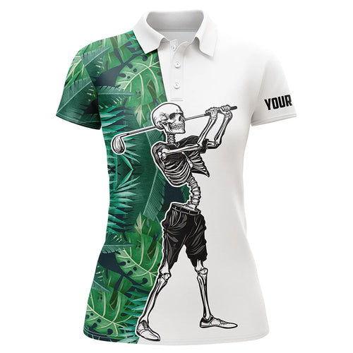 Skull womens golf polo shirts tropical green leaves pattern custom Skull playing golf apparel NQS4773