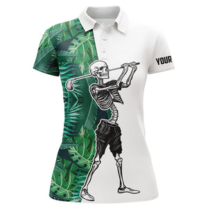 Skull womens golf polo shirts tropical green leaves pattern custom Skull playing golf apparel NQS4773