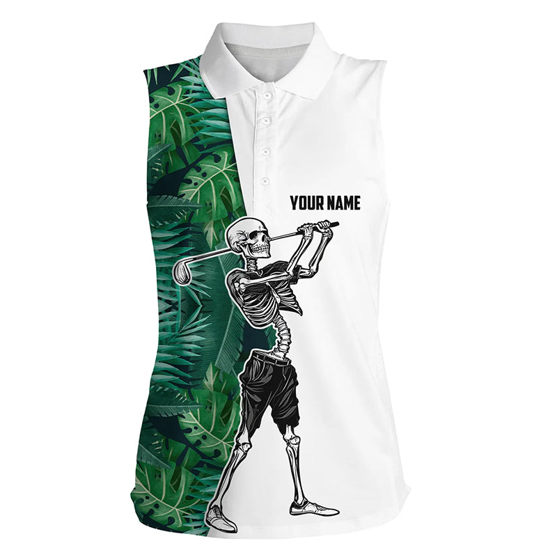 Skull womens sleeveless golf polo shirt tropical green leaves pattern Skull playing golf apparel NQS4773