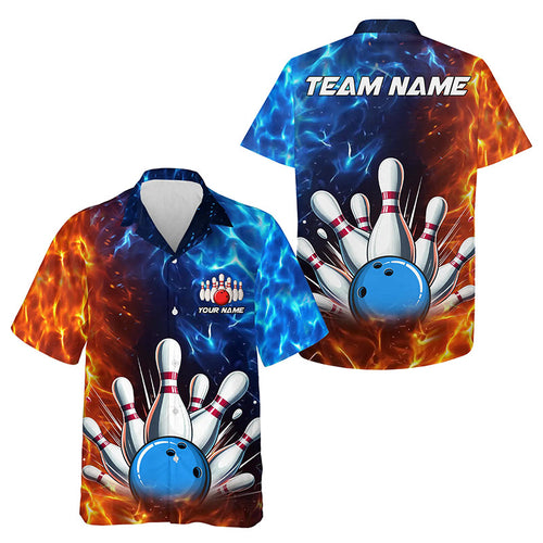 Custom Blue and Orange Flame Bowling Hawaiian Shirt, Bowling Team button up shirt NQS9592