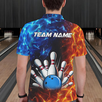 Custom Blue and Orange Flame Bowling Polo, Quarter Zip Shirts For Men, Bowling Team Jerseys NQS9592