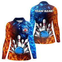 Load image into Gallery viewer, Custom Blue and Orange Flame Bowling Polo, Quarter Zip Shirts For Women, Bowling Team Jerseys NQS9592