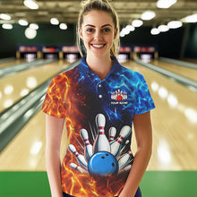 Load image into Gallery viewer, Custom Blue and Orange Flame Bowling Polo, Quarter Zip Shirts For Women, Bowling Team Jerseys NQS9592