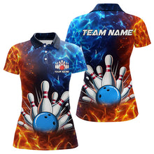 Load image into Gallery viewer, Custom Blue and Orange Flame Bowling Polo, Quarter Zip Shirts For Women, Bowling Team Jerseys NQS9592