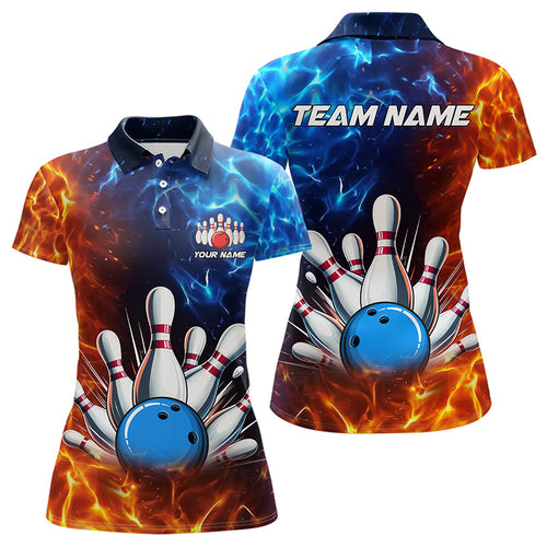 Custom Blue and Orange Flame Bowling Polo, Quarter Zip Shirts For Women, Bowling Team Jerseys NQS9592