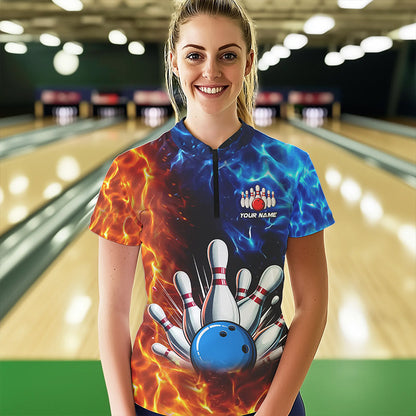 Custom Blue and Orange Flame Bowling Polo, Quarter Zip Shirts For Women, Bowling Team Jerseys NQS9592