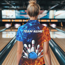 Load image into Gallery viewer, Custom Blue and Orange Flame Bowling Polo, Quarter Zip Shirts For Women, Bowling Team Jerseys NQS9592