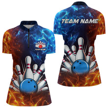 Load image into Gallery viewer, Custom Blue and Orange Flame Bowling Polo, Quarter Zip Shirts For Women, Bowling Team Jerseys NQS9592