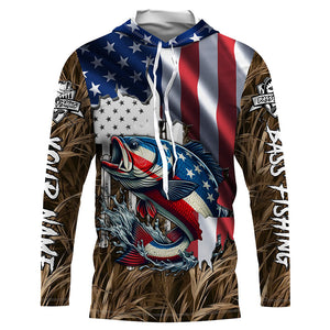 American flag patriotic Largemouth Bass camo fishing, custom mens long sleeve shirts NQS1476