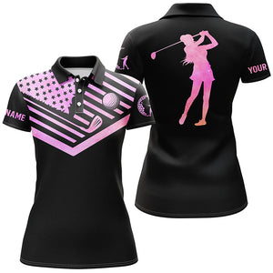 Womens golf polo shirt pink watercolor American flag custom black golf shirt NQS5014