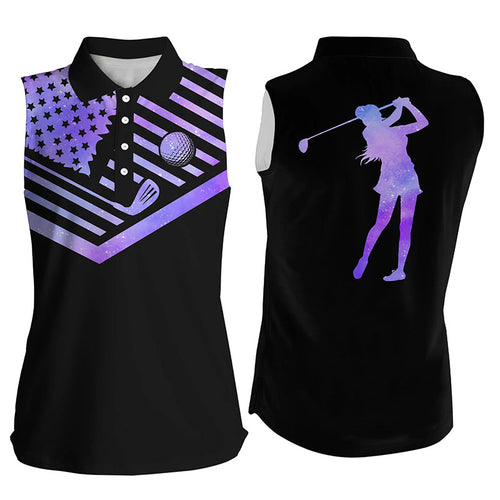 Women's sleeveless golf polo shirt purple watercolor American flag black golf shirt NQS5015