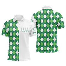 Load image into Gallery viewer, Mens golf polo shirts green and white argyle plaid pattern custom mens golf wear NQS5019