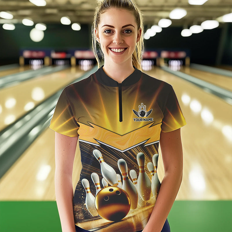 Custom Name Black And Gold Bowling Jerseys For Women, Bowling Team Polo, Quarter-Zip Shirts NQS9745
