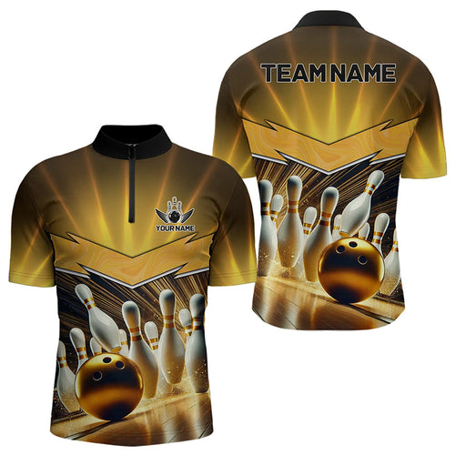 Custom Name Black And Gold Bowling Jerseys For Men, Bowling Team Polo, Quarter-Zip Shirts NQS9745