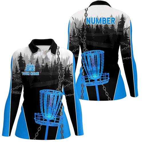 Womens Disc golf polo shirts custom black chain disc golf jerseys, disc golf outfit | Blue NQS7517
