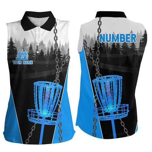 Women sleeveless polo shirts custom black chain disc golf jerseys, frisbee golf outfit | Blue NQS7517