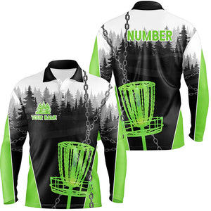 Mens Disc golf polo shirts custom black chain disc golf jerseys, frisbee golf outfit | Green NQS7518