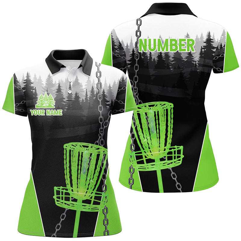 Womens Disc golf polo shirts custom black chain disc golf jerseys, frisbee golf outfit | Green NQS7518