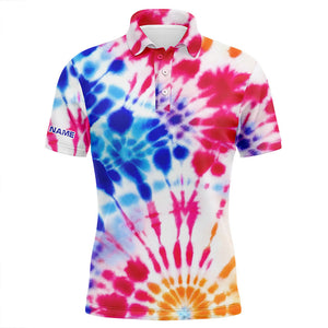 Mens golf polo shirt with colorful tie dye pattern custom name team golf tops for men golfers NQS5546