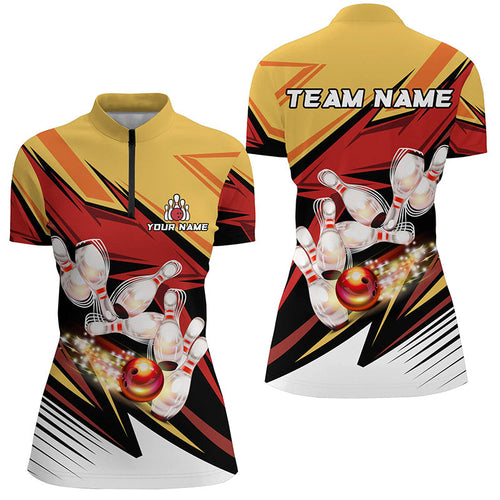 Yellow and Red Camo Bowling Polo, Quarter Zip Shirts for Women Custom bowling team jerseys, bowl gifts NQS7889
