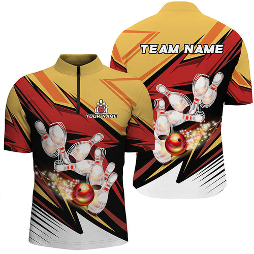 Yellow and Red Camo Bowling Polo, Quarter Zip Shirts for Men Custom bowling team jersey, bowling gifts NQS7889