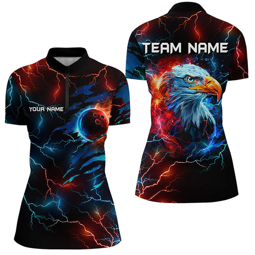 Red and Blue lightning thunder bowling Eagle custom Women Bowling Polo, Quarter Zip Shirt team jerseys NQS7890