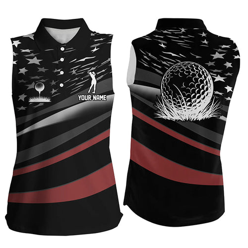 Black American flag custom patriotic Womens sleeveless polo shirts, unique golf gifts NQS7894