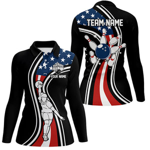 Retro bowling Polo, Quarter Zip shirts for Women Custom American flag patriotic team bowling jerseys NQS7895