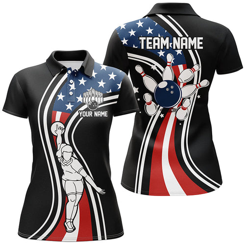 Retro bowling Polo, Quarter Zip shirts for Women Custom American flag patriotic team bowling jerseys NQS7895